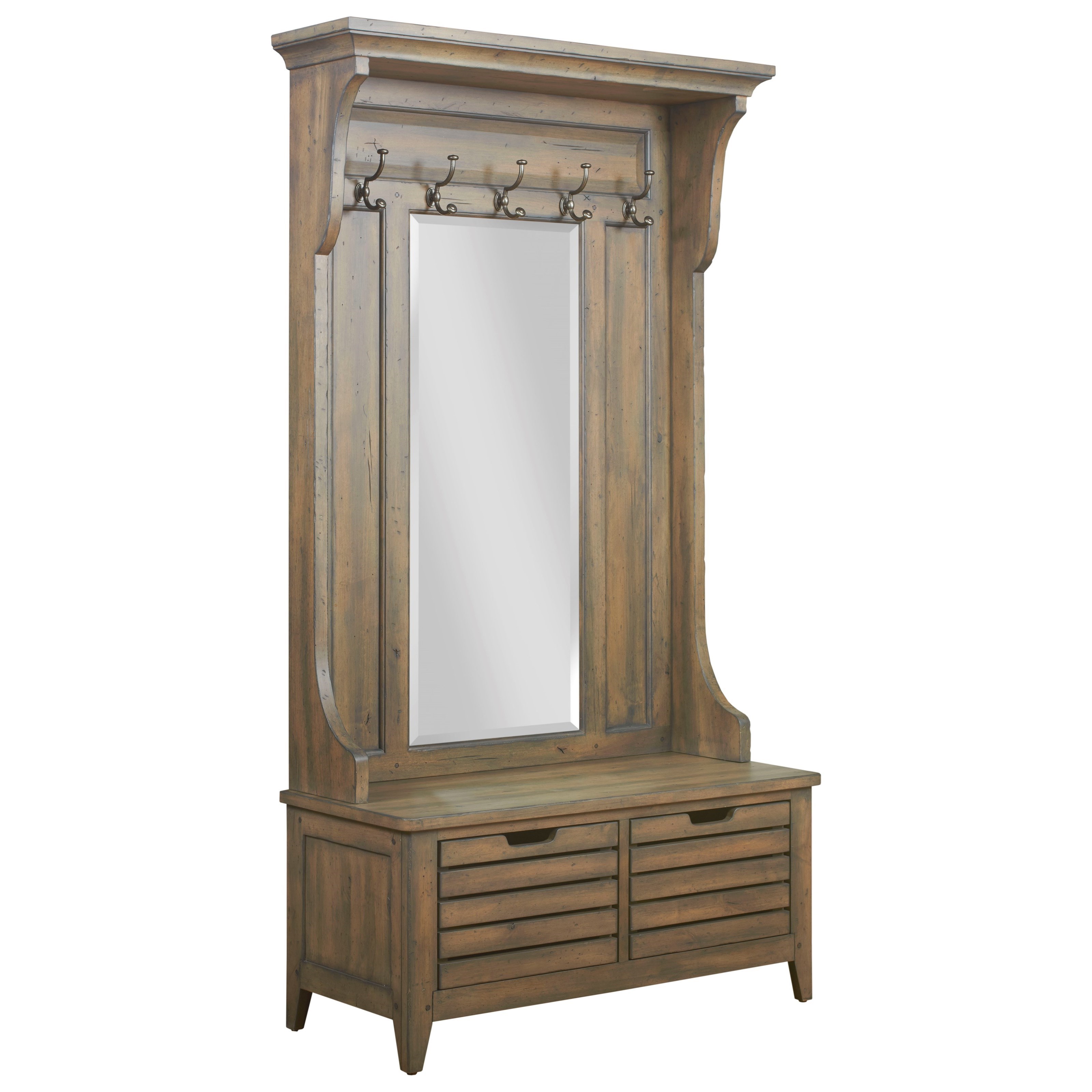 Kincaid Furniture Mill House 860 942P Warren Solid Wood Hall Tree with Mirror Jacksonville Furniture Mart Hall Trees Coat Racks